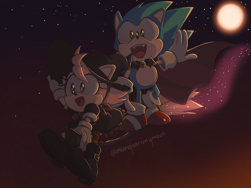 1boy 1girl alternate_costume amy_rose artist_name black_footwear boots broom broom_riding dress fangs furry furry_female furry_male gloves hat highres looking_at_viewer mangaanonymous0 moon night open_mouth outdoors sonic_(series) star_(sky) vampire watermark white_gloves witch_hat