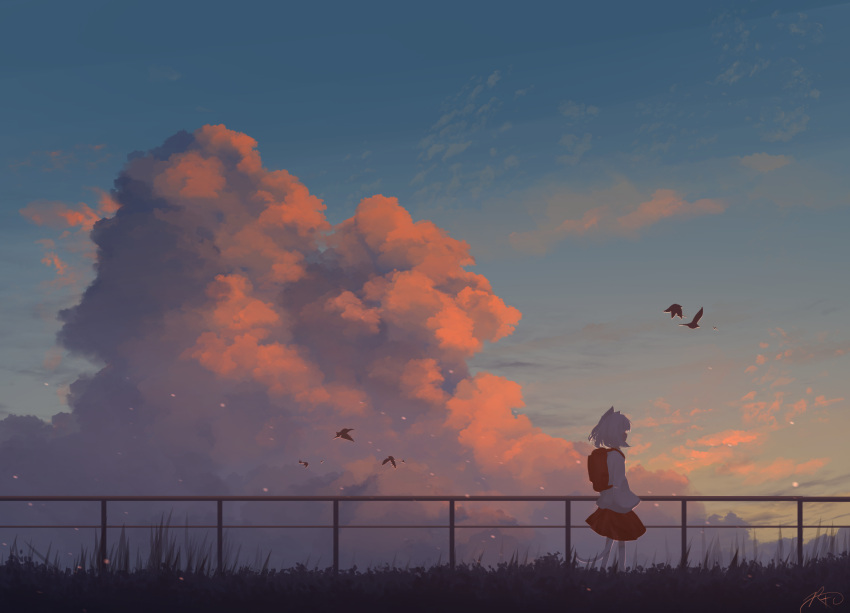 1girl backpack bag bird black_skirt chinese_commentary clouds evening facing_away fence grass hands_in_pockets highres landscape long_sleeves original rune_xiao scenery short_hair signature skirt sky standing sunset sweater tail twilight white_hair white_sweater
