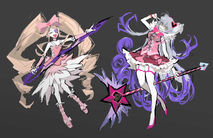 2girls blonde_hair blue_hair bow dress drill_hair frilled_dress frills full_body garter_straps grey_background grin hair_bow hair_ornament harime_nui heart heart_hair_ornament highres holding holding_wand kill_la_kill lobotomy_corporation long_hair multiple_girls open_mouth pink_bow pink_dress pink_footwear pink_nails pink_skirt pink_socks pink_vest project_moon queen_of_hatred remsrar shaded_face shoes sidelocks simple_background skirt smile socks thigh-highs trait_connection twin_drills two_side_up v very_long_hair vest wand white_thighhighs yellow_eyes