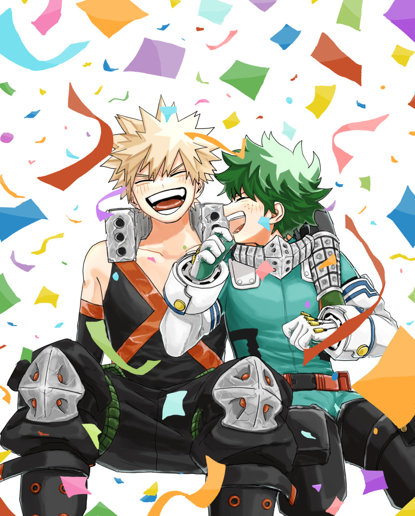 2boys bakugou_katsuki black_bodysuit blonde_hair blush bodysuit boku_no_hero_academia closed_eyes collarbone commentary_request confetti freckles gloves green_bodysuit green_hair happy highres hkt26as knee_pads male_focus midoriya_izuku multiple_boys open_mouth short_hair simple_background sitting smile spiky_hair teeth white_background