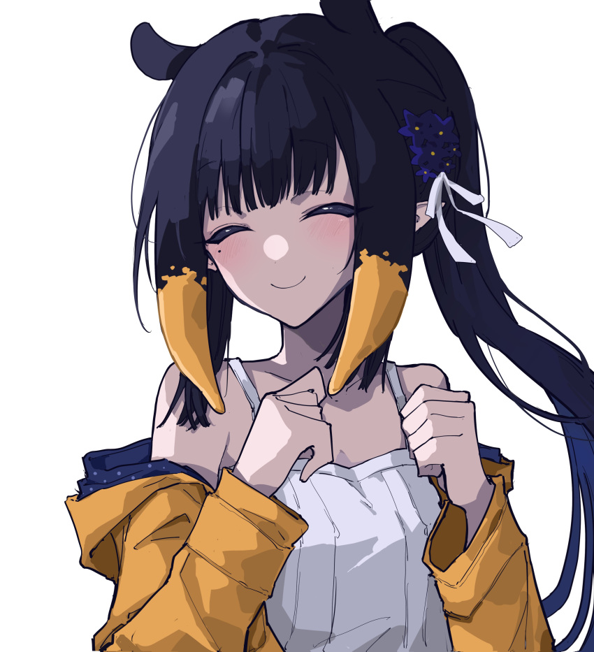 1girl absurdres black_hair blue_coat blunt_bangs blush closed_eyes coat commentary dress english_commentary gradient_hair hair_ribbon highres hololive hololive_english long_hair long_sleeves mentally_deficient mole mole_under_eye multicolored_hair ninomae_ina'nis official_alternate_costume official_alternate_hairstyle orange_hair pointy_ears ponytail raincoat ribbon sidelocks simple_background smile solo spaghetti_strap sundress tentacle_hair textless_version two-sided_coat two-tone_coat upper_body violet_(ninomae_ina'nis) virtual_youtuber white_background white_dress white_ribbon yellow_coat yellow_raincoat