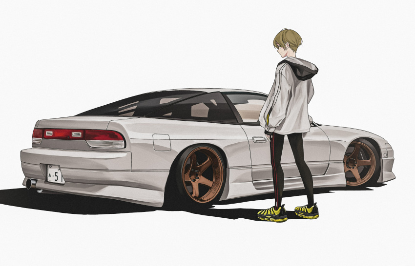 1boy absurdres bokuya car highres jacket light_brown_hair looking_at_viewer male_focus motor_vehicle nissan nissan_180sx original shadow shoes short_hair simple_background sneakers solo sports_car stance_(vehicle) standing vehicle_focus white_background white_jacket