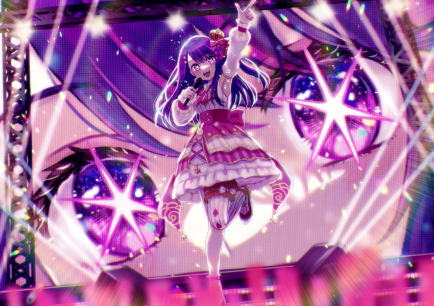 1girl alternate_costume asymmetrical_legwear blurry blurry_foreground blush bow chromatic_aberration commentary_request crowd crown detached_sleeves dress frilled_dress frilled_sleeves frills glowstick hair_bow hair_ornament hair_ribbon holding holding_microphone hoshino_ai_(oshi_no_ko) idol idol_clothes index_finger_raised long_hair microphone mini_crown mismatched_legwear multicolored_hair murabitot one_side_up open_mouth oshi_no_ko pink_bow pink_hair puffy_sleeves purple_hair rabbit_ornament ribbon screen sleeveless sleeveless_dress smile solo stage stage_lights star-shaped_pupils star_(symbol) star_hair_ornament streaked_hair striped striped_thighhighs swept_bangs symbol-shaped_pupils teeth thigh-highs upper_teeth_only vertical-striped_thighhighs vertical_stripes violet_eyes
