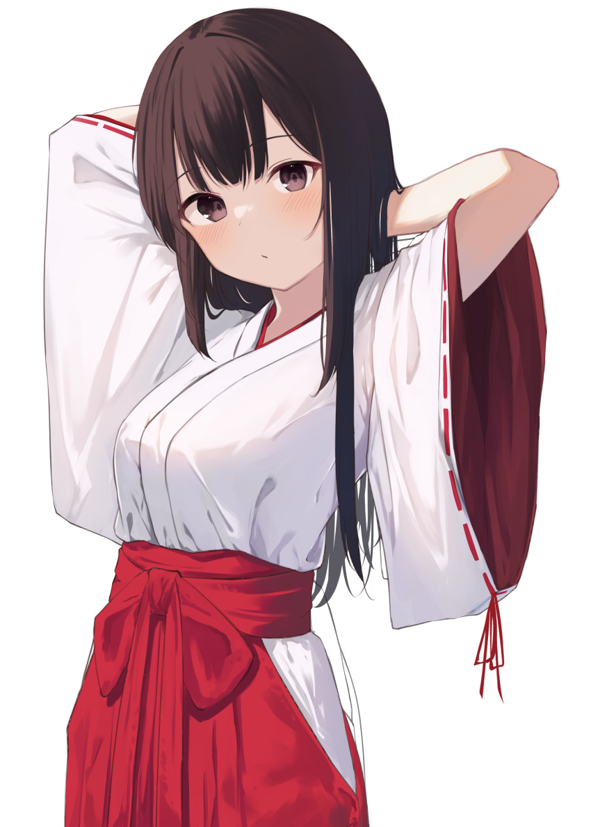 1girl absurdres arm_up arms_behind_head blush breasts brown_eyes brown_hair closed_mouth commentary_request hakama hakama_skirt highres japanese_clothes kimono long_hair looking_at_viewer medium_breasts memekko miko original red_hakama ribbon-trimmed_sleeves ribbon_trim short_sleeves simple_background skirt solo very_long_hair white_background white_kimono wide_sleeves
