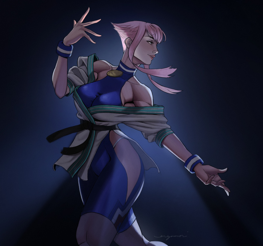 1girl absurdres bare_shoulders blue_eyes dougi erzomori highres hime_cut hip_vent manon_(street_fighter) martial_arts_belt off_shoulder pink_hair solo spandex street_fighter street_fighter_6 toned wristband