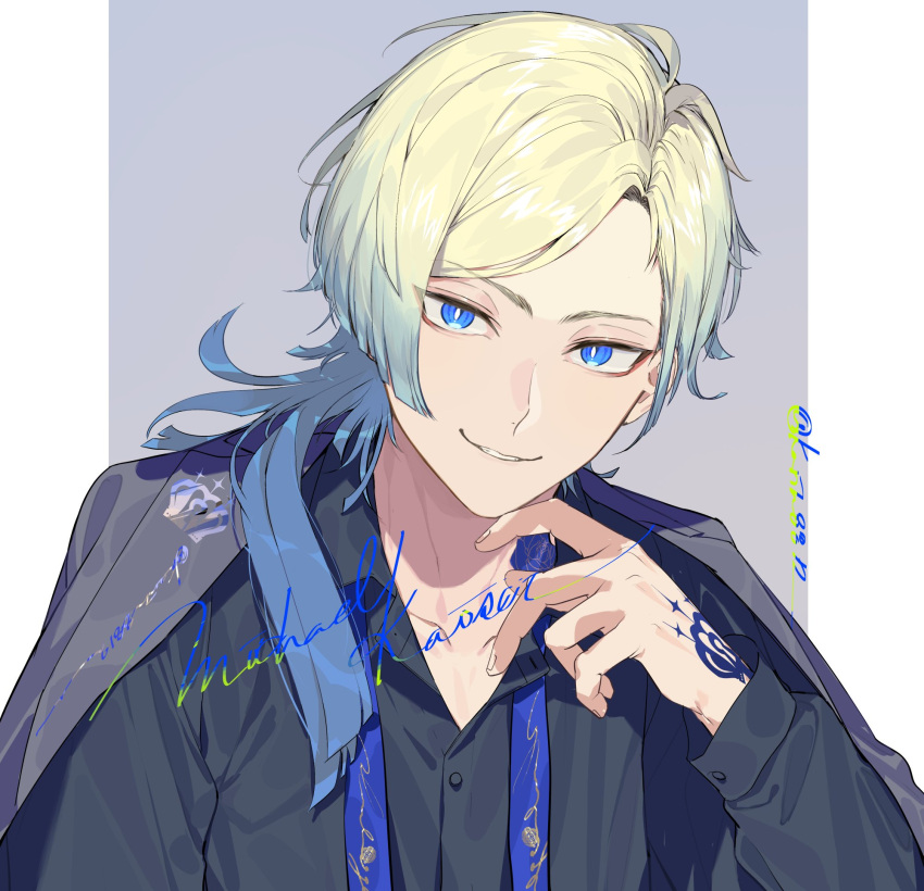 1boy black_shirt blonde_hair blue_eyes blue_hair blue_lock character_name collared_shirt grey_jacket hand_tattoo hand_up highres jacket jacket_on_shoulders long_hair long_sleeves looking_at_viewer male_focus michael_kaiser multicolored_hair partially_unbuttoned shirt smile sohu solo tattoo twitter_username two-tone_hair upper_body
