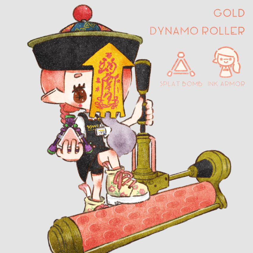1girl black_dress braid brown_eyes cross-shaped_pupils dress dynamo_roller_(splatoon) english_text floral_print grey_background hat highres holding holding_weapon inkling inkling_girl jiangshi name_tag ofuda pink_hair pointy_ears purple_hair qing_guanmao shirt shoes sneakers solo splat_bomb_(splatoon) splatoon_(series) swallow02 symbol-shaped_pupils t-shirt undercut weapon white_shirt