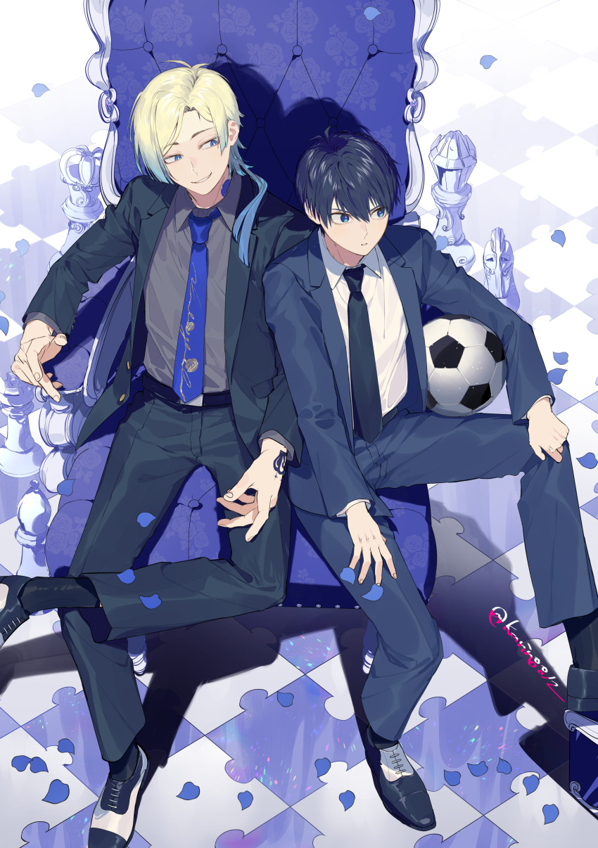 2boys absurdres ball black_footwear black_necktie black_socks blonde_hair blue_eyes blue_hair blue_jacket blue_lock blue_pants blue_suit chair chess_piece collared_shirt formal full_body gradient_hair grey_shirt grin hand_tattoo highres isagi_yoichi jacket long_hair long_sleeves looking_at_another looking_away male_focus michael_kaiser multicolored_hair multiple_boys neck_tattoo necktie pants shirt shoes short_hair sitting smile soccer_ball socks sohu suit tattoo two-tone_hair white_shirt