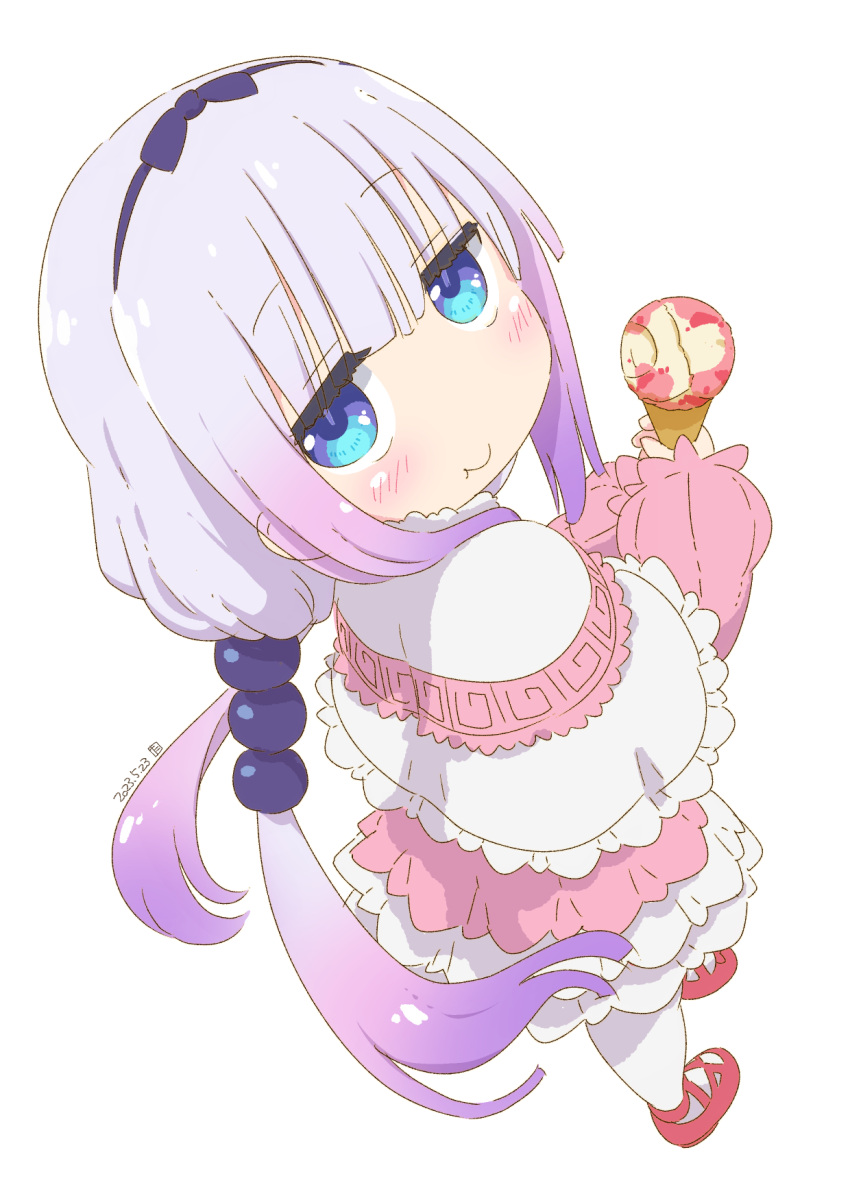 1girl beads black_hairband blue_eyes blunt_bangs capelet commentary_request cross-laced_footwear dated dress eating food food_in_mouth frilled_capelet frills from_above gradient_hair hair_beads hair_ornament hairband highres holding holding_food holding_ice_cream kanna_kamui kobayashi-san_chi_no_maidragon light_purple_hair long_hair looking_at_viewer low_twintails multicolored_hair red_footwear samansa_ex signature simple_background solo thigh-highs twintails white_background white_thighhighs