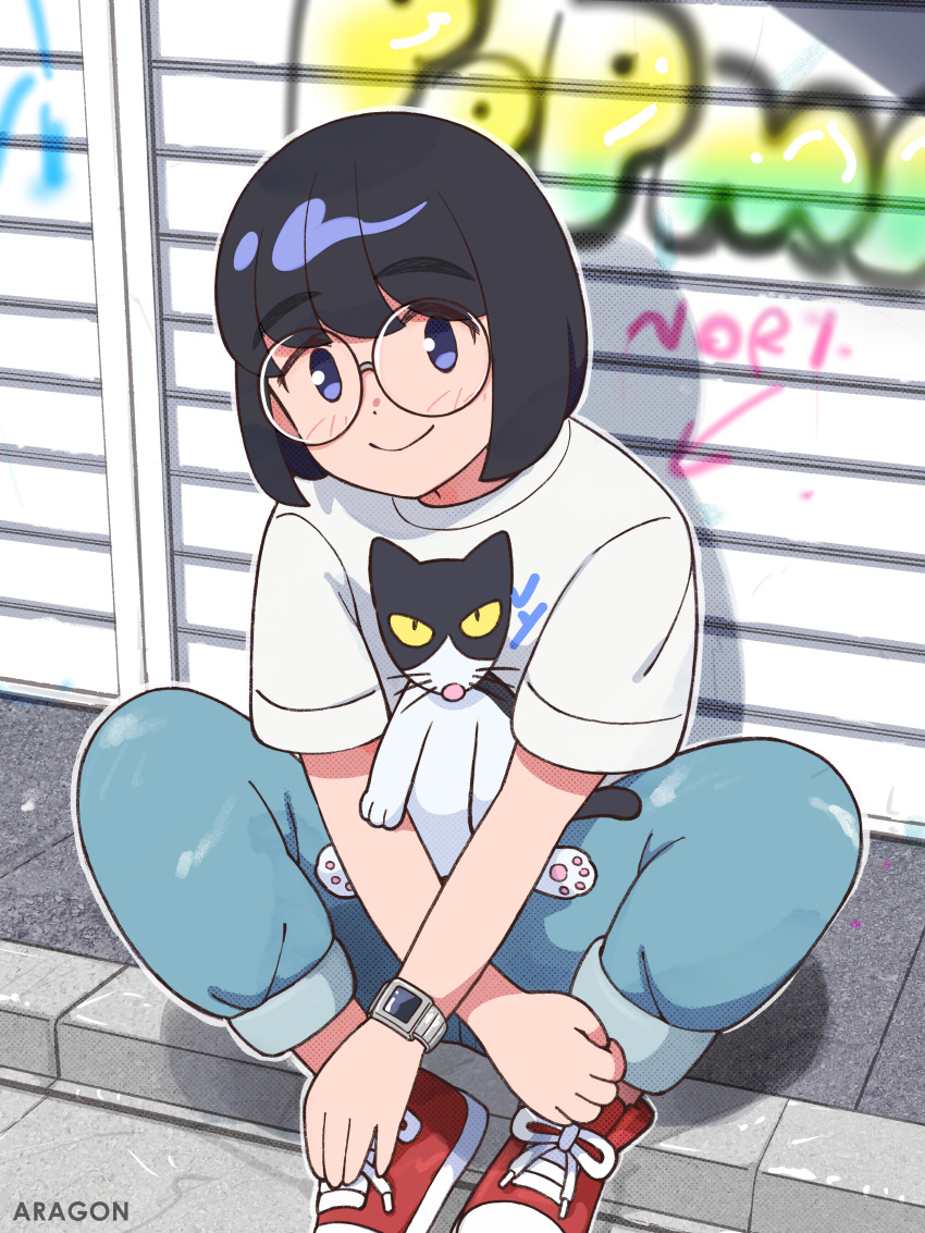 1girl 49s-aragon absurdres animal black_hair blush cat closed_mouth denim glasses highres holding holding_animal jeans looking_at_viewer original outdoors pants red_footwear round_eyewear shirt shoes short_hair short_sleeves sitting smile sneakers solo watch watch white_shirt