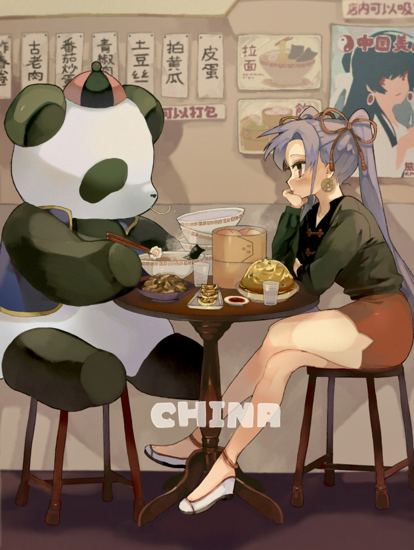 1girl animal brown_eyes chair china chinese_text crossed_legs earrings eating fish_cake food from_side glass green_shirt hand_on_own_chin highres jewelry kmnk_(kumanuko) long_hair looking_at_another orange_skirt original panda plate ponytail poster_(object) purple_hair shirt sitting skirt table white_footwear