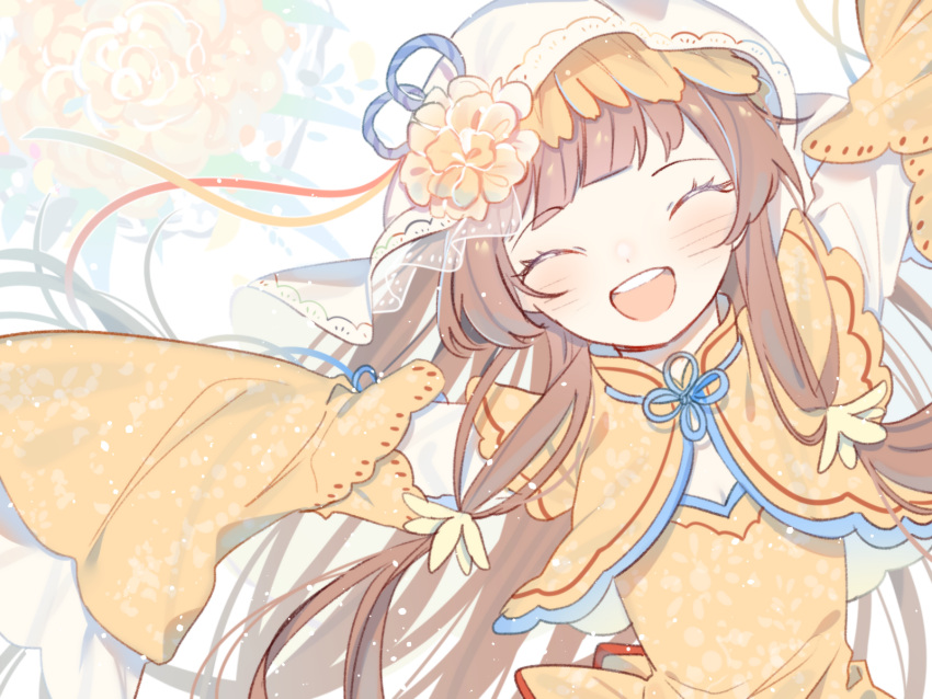 1girl basu_(buskillua25) brown_hair capelet character_request china_dress chinese_clothes closed_eyes clothing_request detached_sleeves dress facing_viewer flower food_fantasy highres long_hair open_mouth orange_capelet orange_dress smile solo teeth veil yellow_flower