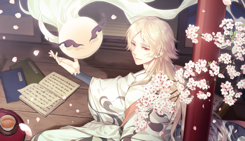 1boy bishounen blonde_hair book branch cherry_blossoms clothing_request cup flower food_fantasy highres ichi-be japanese_clothes leaf long_hair long_sleeves looking_at_viewer male_focus open_book pink_flower red_eyes sitting solo teacup wonton_(food_fantasy)