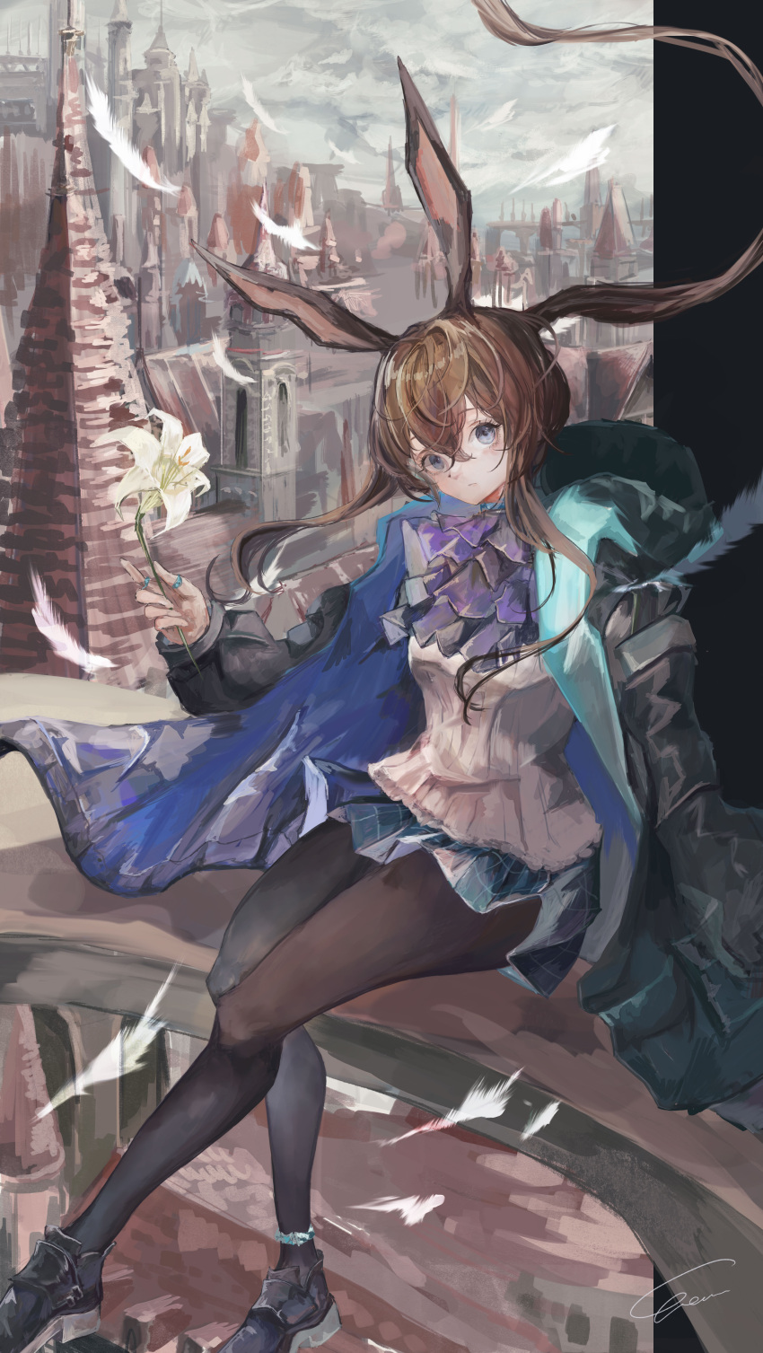 1girl absurdres amiya_(arknights) animal_ears anklet arknights ascot black_coat black_footwear black_pantyhose blue_eyes blue_skirt brown_hair city closed_mouth coat day flower highres holding holding_flower jewelry lily_(flower) long_hair long_sleeves looking_at_viewer miniskirt multiple_rings open_clothes open_coat outdoors pantyhose plaid plaid_skirt ponytail purple_ascot rabbit_ears ring shirt shoes sidelocks signature sitting skirt solo vea_(v_ea_) very_long_hair white_flower white_shirt