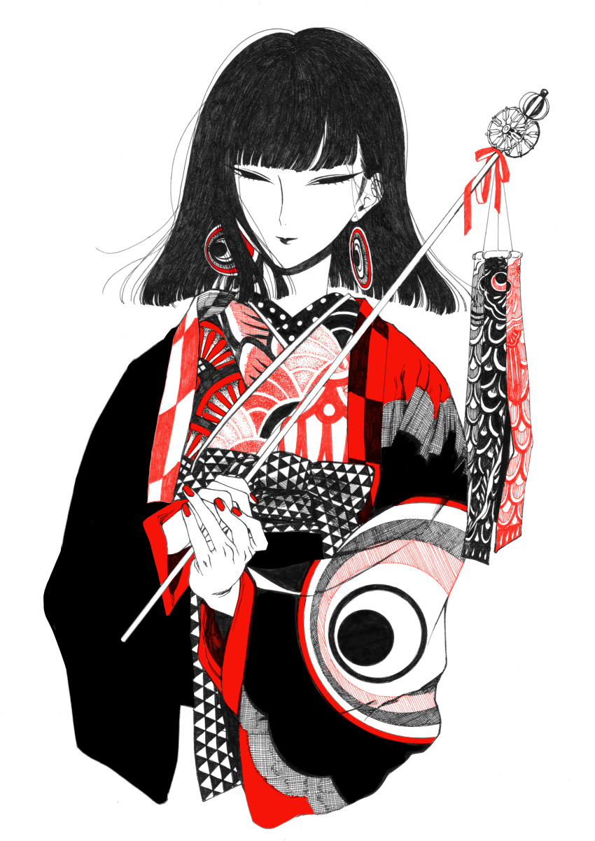 1girl absurdres ameishi ballpoint_pen_(medium) black_eyes black_hair blunt_bangs bob_cut earrings half-closed_eyes highres holding japanese_clothes jewelry kimono kodomo_no_hi koinobori looking_at_viewer medium_hair nail_polish original print_kimono red_nails simple_background solo traditional_media upper_body white_background wide_sleeves windsock