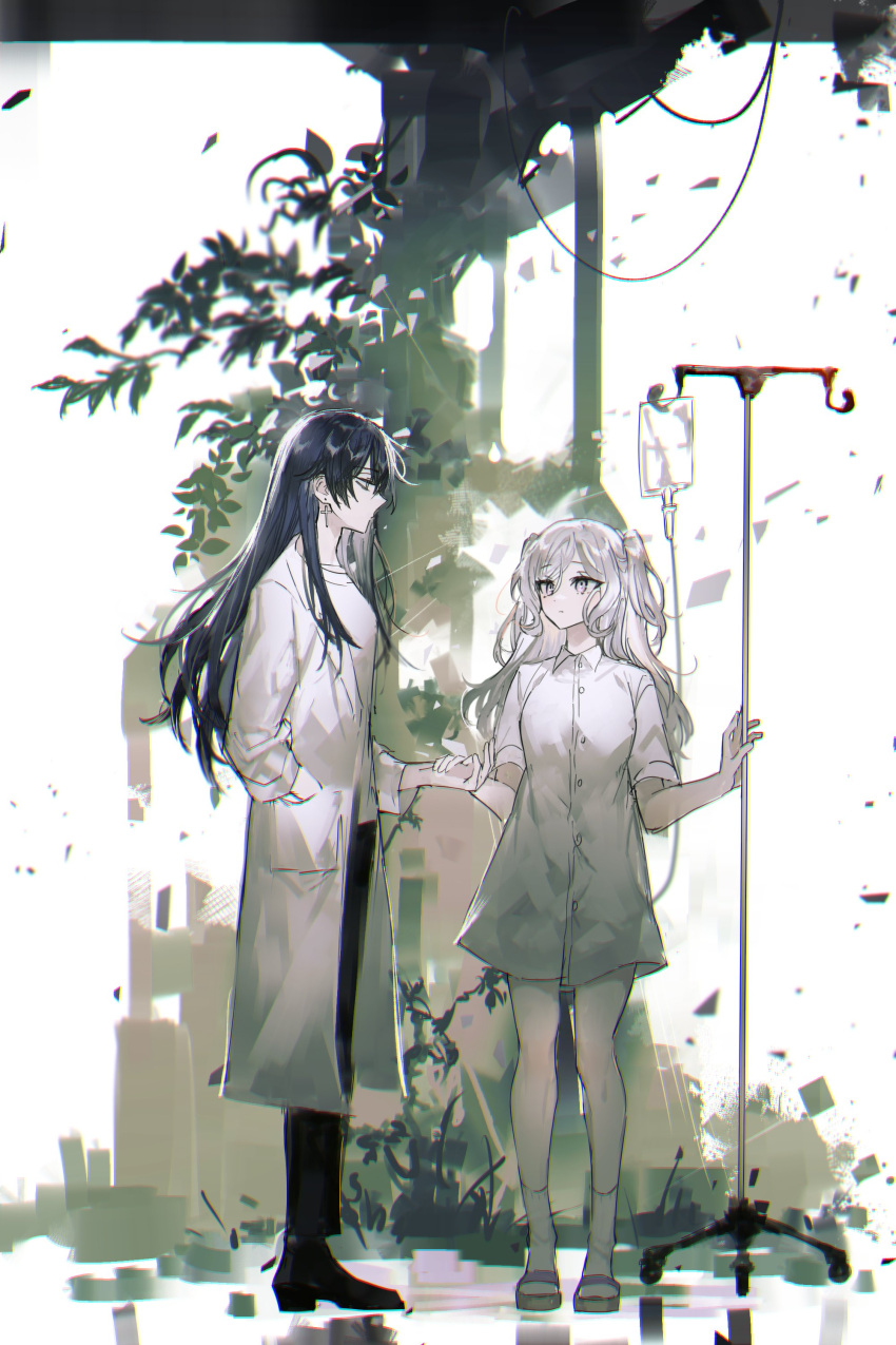 2girls absurdres black_footwear black_pants blue_hair buttons closed_mouth coat collared_dress dress full_body highres iv_stand lab_coat leaf long_hair looking_to_the_side multiple_girls original pants remsrar shoes short_sleeves sweater tree two_side_up very_long_hair white_coat white_dress white_eyes white_hair white_sweater