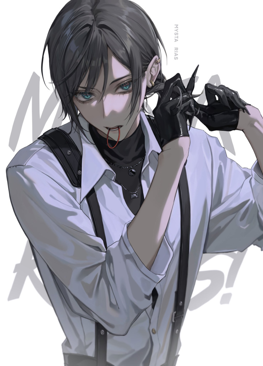 1boy black_gloves black_shirt black_undershirt blue_eyes brown_hair buttons character_name collared_shirt commentary ear_piercing earrings english_commentary eyelashes gloves hair_tie hair_tie_in_mouth half_gloves hands_up highres jewelry looking_at_viewer male_focus medium_hair mouth_hold mysta_rias mysta_rias_(2nd_costume) necklace nijisanji nijisanji_en official_alternate_costume open_mouth papa_(you_have_today) parted_bangs piercing shirt sidelocks simple_background sleeves_past_elbows solo suspenders teeth turtleneck tying_hair undershirt upper_body virtual_youtuber white_background white_shirt wing_collar