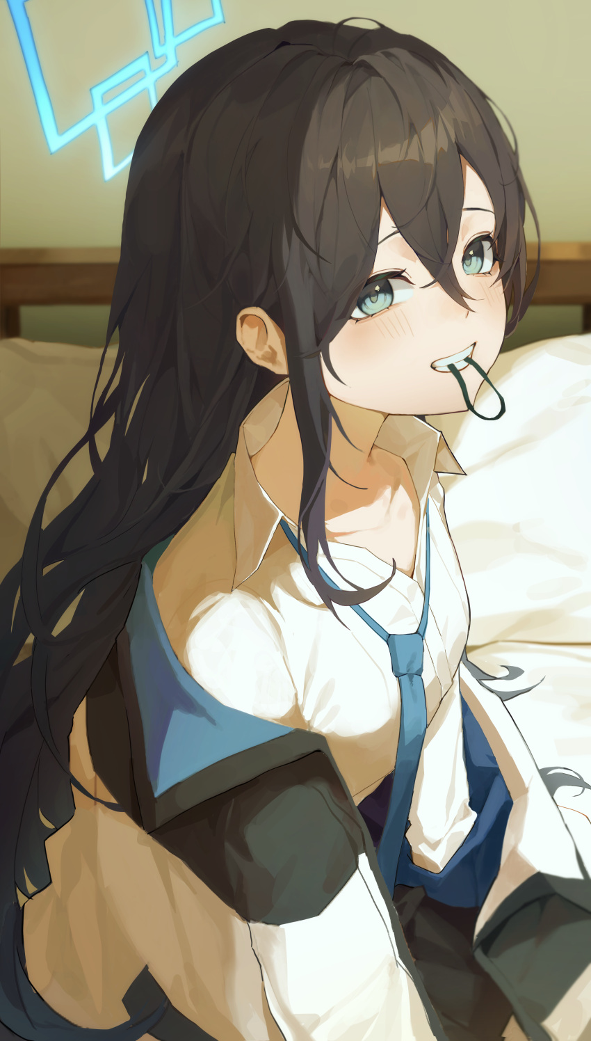 1girl absurdres aris_(blue_archive) black_hair blue_archive blush breasts grin halo highres indoors jacket jacket_partially_removed looking_at_viewer loose_necktie mouth_hold necktie on_bed open_collar rubber_band small_breasts smile solo straight_hair yogu_(user_rxdx2445)