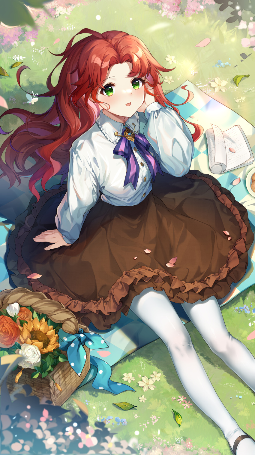 1girl :d absurdres aged_down ankle_strap arm_support blanket book bow bowtie brown_skirt bug butterfly collared_shirt curly_hair falling_petals feet_out_of_frame flower frilled_shirt_collar frilled_skirt frills from_above grass green_eyes guzangnanfeng hand_in_own_hair hand_up helix_waltz_2 highres kalia_rovella leaf long_hair long_sleeves looking_up on_ground open_book outdoors pantyhose parted_bangs petals picnic_basket puffy_long_sleeves puffy_sleeves purple_bow purple_bowtie red_flower red_rose redhead rose shirt sitting skirt smile solo sunflower white_flower white_pantyhose white_rose white_shirt yellow_flower
