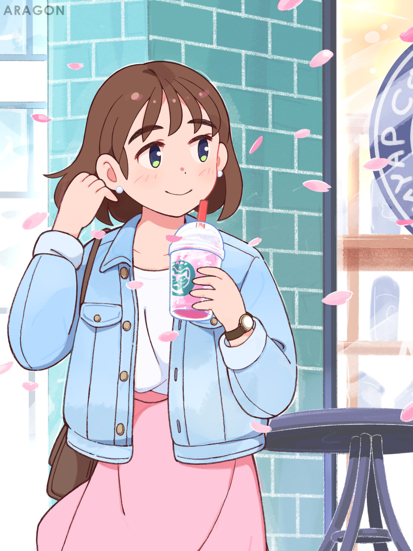 1girl 49s-aragon absurdres bag blue_jacket blush brown_eyes closed_mouth collarbone cup denim denim_jacket drinking_straw earrings green_eyes handbag highres holding holding_cup jacket jewelry long_sleeves looking_away looking_to_the_side original pink_skirt short_hair skirt smile solo
