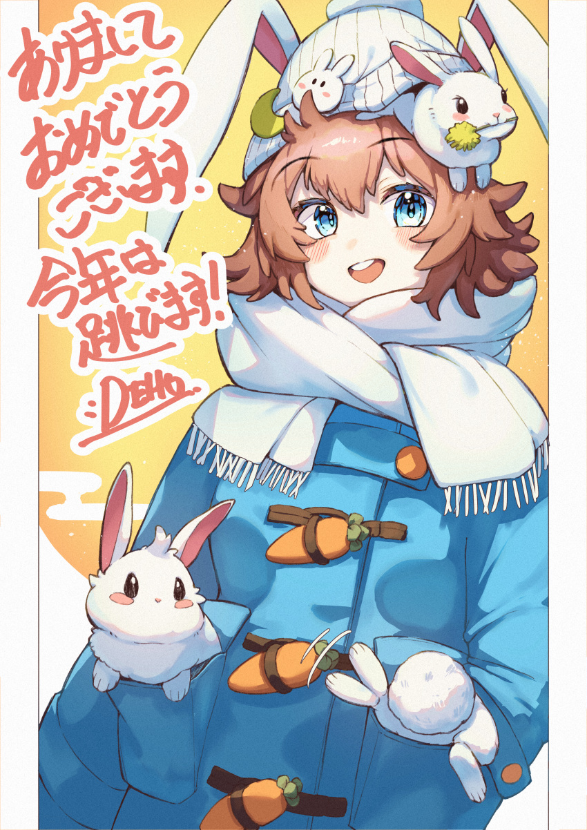1girl absurdres animal animal_ears animal_hat animal_in_clothes beanie blue_eyes blush brown_hair carrot chinese_zodiac coat crescent crescent_hat_ornament deho_toiimasu duffel_coat fake_animal_ears flipped_hair hand_in_pocket hat hat_ornament highres looking_to_the_side nengajou new_year open_mouth original pom_pom_(clothes) rabbit rabbit_hat scarf short_hair solo teeth translation_request upper_teeth_only year_of_the_rabbit