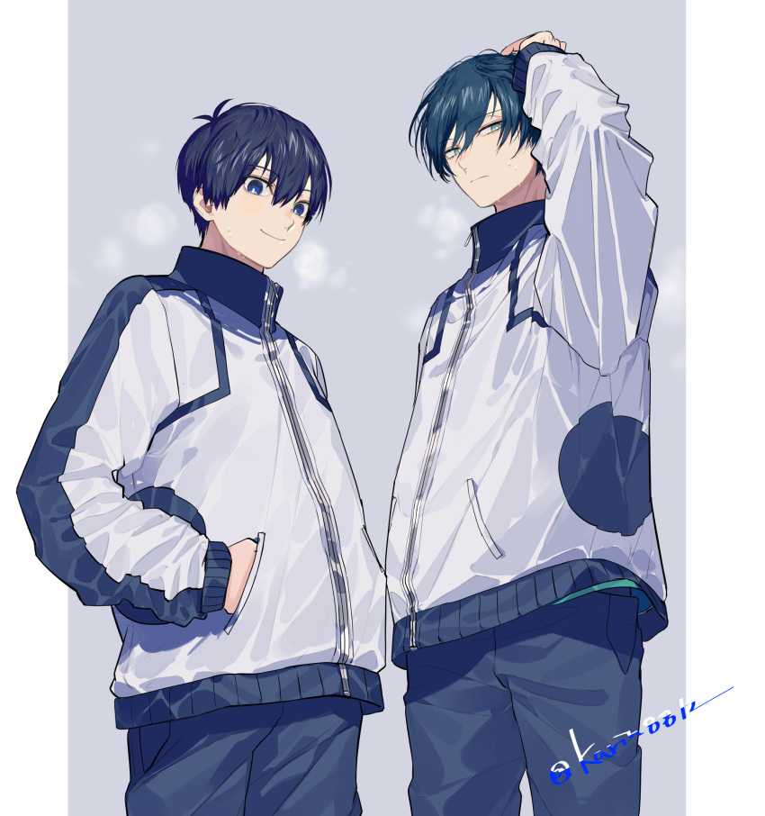 2boys ahoge arm_up blue_eyes blue_hair blue_lock blue_pants closed_mouth collared_jacket cowboy_shot hand_on_own_head hands_in_pockets highres isagi_yoichi itoshi_rin jacket long_sleeves looking_at_viewer male_focus multiple_boys pants short_hair sleeves_past_wrists smile sohu standing twitter_username white_jacket