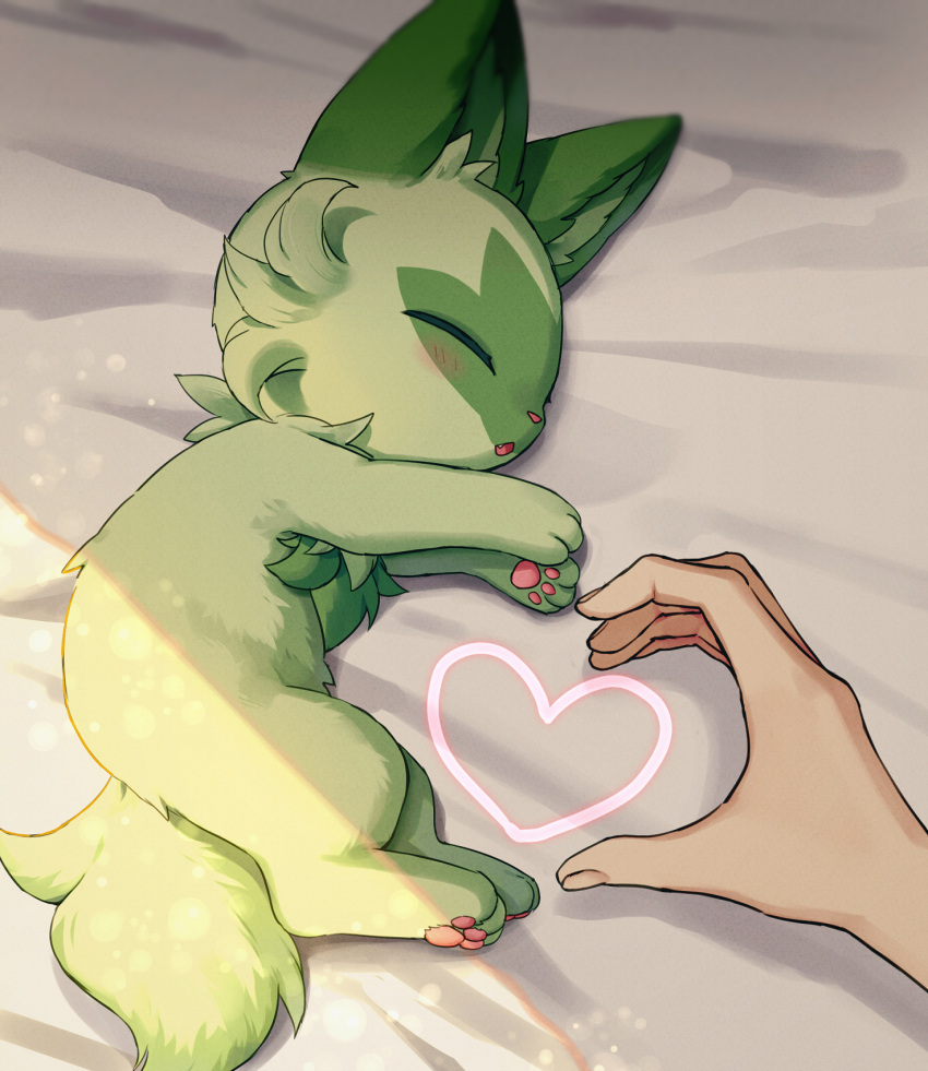 1other animal_focus bed_sheet closed_eyes commentary_request fingernails green_fur heart heart_hands heart_hands_duo highres indoors kaminokefusa light_particles pawpads pokemon pokemon_(creature) pokemon_(game) pokemon_sv pov pov_hands sleeping sprigatito sunlight