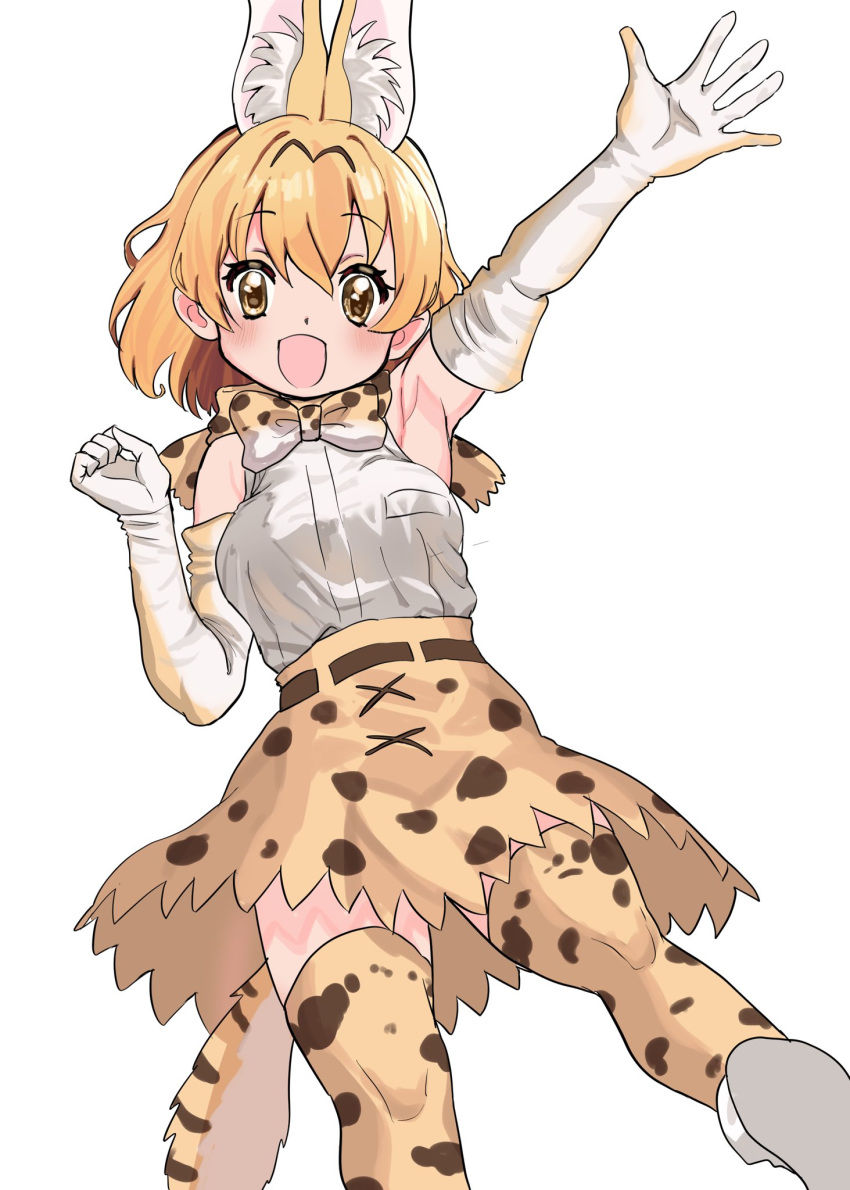 animal_ears bare_shoulders blonde_hair bow bowtie cat_ears cat_girl cat_tail elbow_gloves extra_ears gloves hair_between_eyes high-waist_skirt highres houkokukokui kemono_friends looking_at_viewer open_mouth print_bow print_bowtie print_gloves print_skirt print_thighhighs serval_(kemono_friends) serval_print shirt short_hair skirt sleeveless smile tail thigh-highs waving white_shirt yellow_eyes zettai_ryouiki