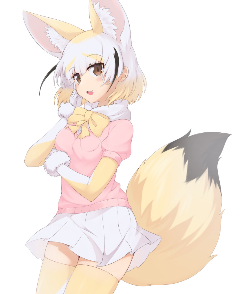 1girl :3 absurdres animal_ears blonde_hair blush bow bowtie brown_eyes cowboy_shot elbow_gloves extra_ears fang fennec_(kemono_friends) fox_ears fox_girl fox_tail fur_trim gloves hand_in_own_hair highres kemono_friends looking_at_viewer nyaseiru open_mouth pink_sweater pleated_skirt puffy_short_sleeves puffy_sleeves scarf short_hair short_sleeves skirt smile solo sweater tail thigh-highs two-tone_gloves white_gloves white_hair white_scarf white_skirt yellow_bow yellow_bowtie yellow_gloves yellow_thighhighs zettai_ryouiki