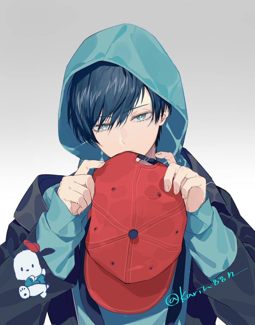 1boy black_jacket blue_eyes blue_hair blue_hoodie blue_lock closed_mouth grey_background hands_up hat highres holding holding_clothes holding_hat hood hood_down hoodie itoshi_rin jacket long_sleeves looking_at_viewer male_focus pochacco red_headwear sanrio short_hair simple_background sleeves_past_wrists sohu solo upper_body
