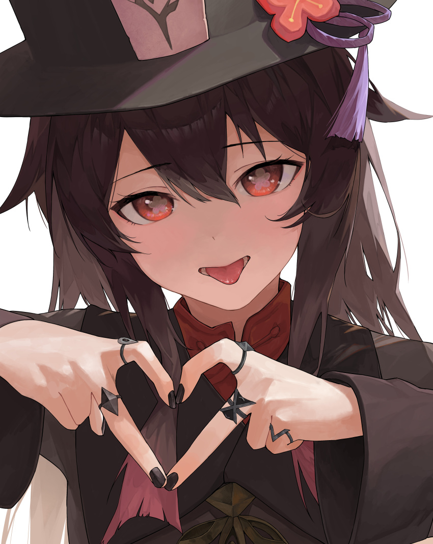 1girl absurdres black_headwear black_nails blush brown_hair chinese_clothes collared_coat flower flower-shaped_pupils genshin_impact hair_between_eyes hat hat_flower hat_tassel heart heart_hands highres hu_tao_(genshin_impact) inakanoinonaka jewelry long_hair multiple_rings open_mouth plum_blossoms porkpie_hat portrait ring sidelocks simple_background solo swept_bangs symbol-shaped_pupils thumb_ring tongue tongue_out white_background