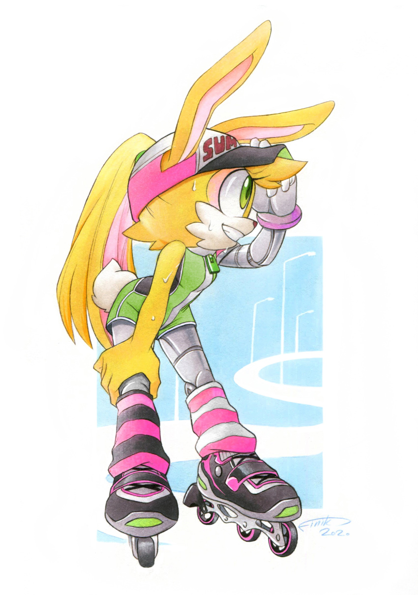 1girl artist_name bunnie_rabbot character_request cyborg dated finik furry furry_female green_eyes hat highres mechanical_arms mechanical_legs roller_skates signature single_mechanical_arm skates socks solo sonic_(series) watermark