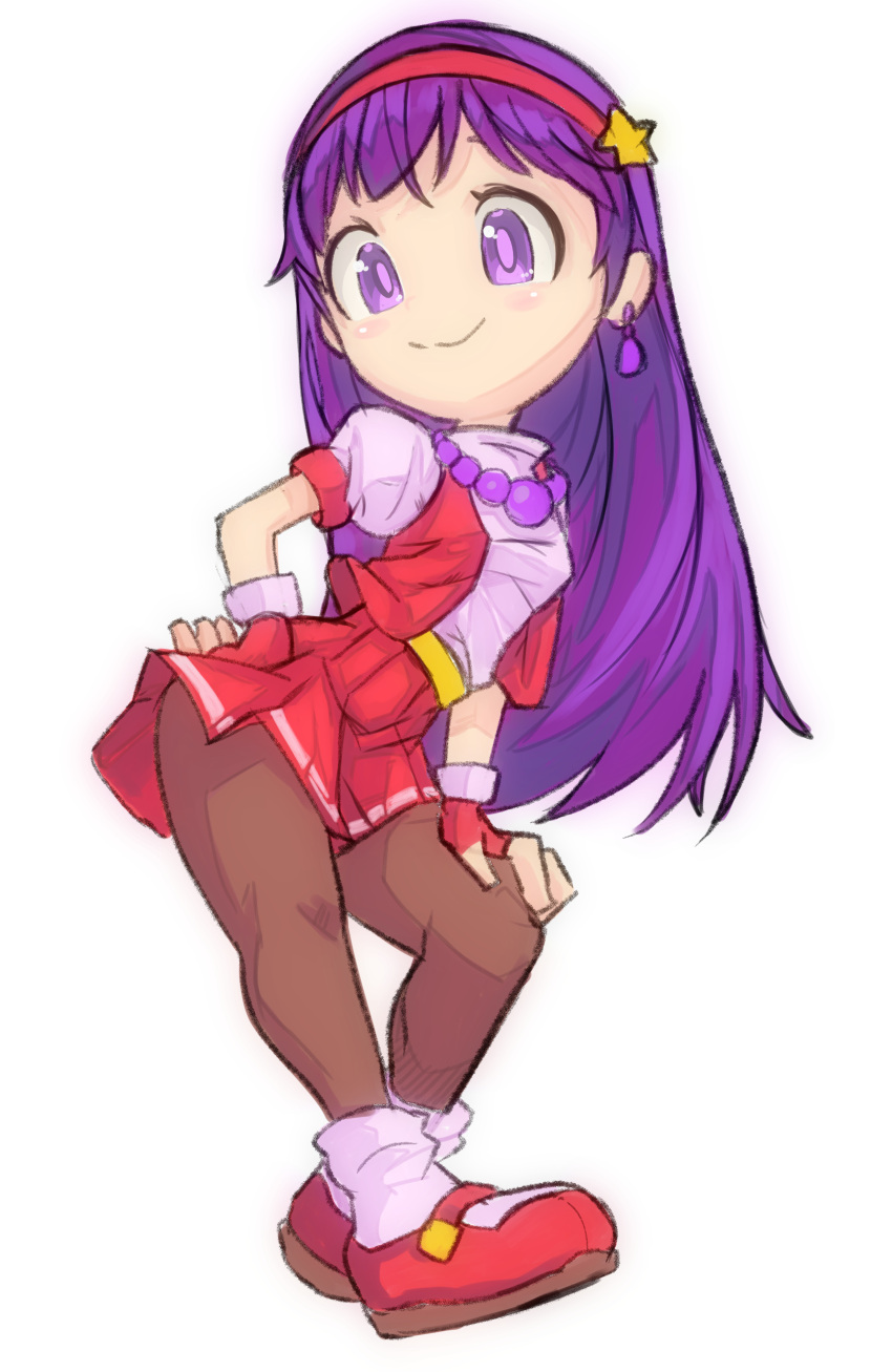 1girl absurdres asamiya_athena blush deformed earrings fingerless_gloves full_body gloves hair_ornament hairband headband highres jewelry long_hair okera pantyhose purple_hair red_gloves red_hairband school_uniform serafuku simple_background smile solo star_(symbol) star_hair_ornament the_king_of_fighters violet_eyes white_background