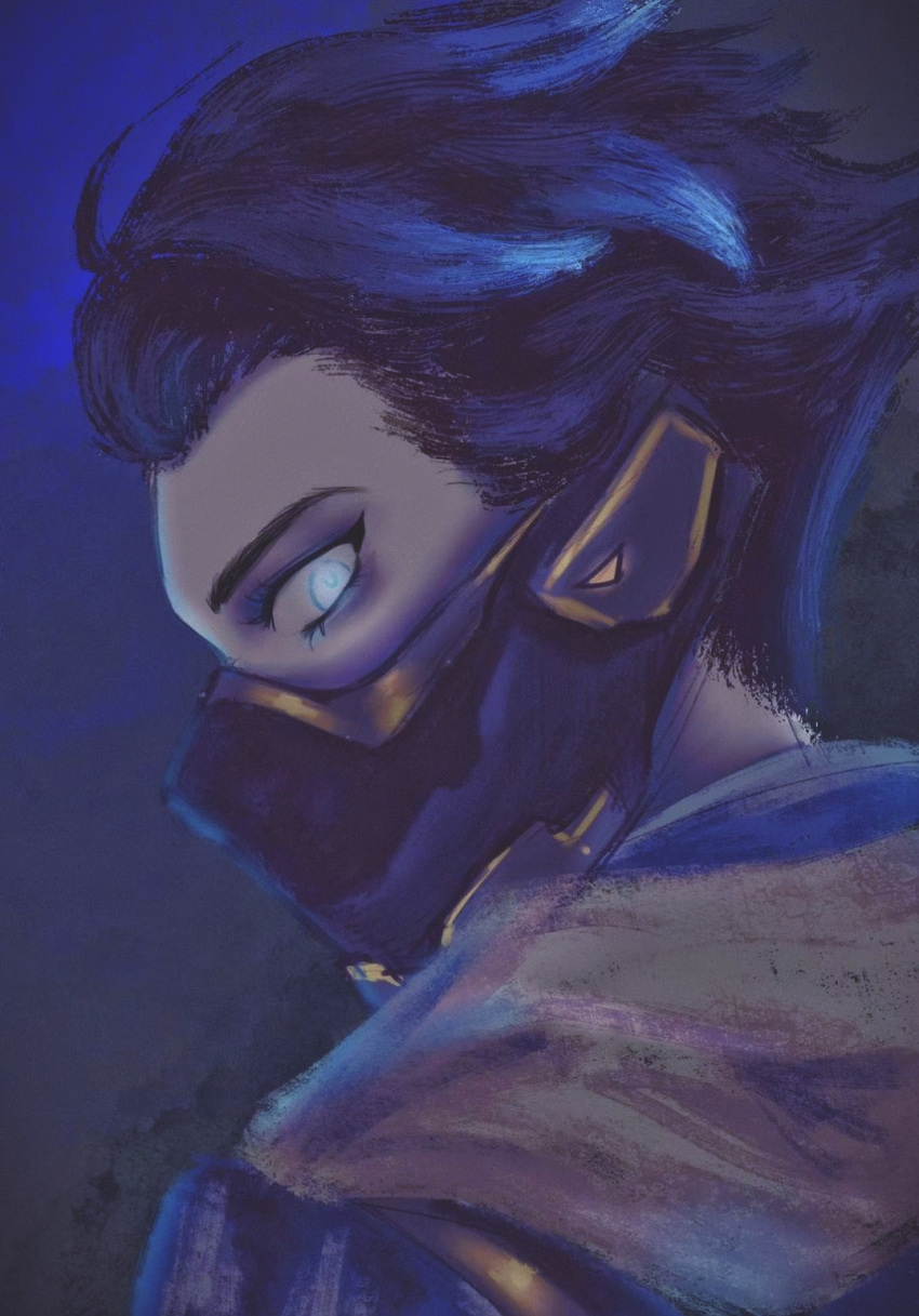 1girl animification apex_legends apex_voidshifter_wraith blue_eyes blue_hair chinese_commentary from_side glowing glowing_eye grey_scarf hair_slicked_back highres looking_at_viewer mask mouth_mask official_alternate_costume scarf short_hair solo wraith_(apex_legends) yuzhou_lajiao_da_jisi