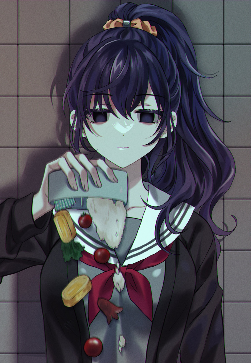 1girl absurdres asahina_mafuyu bento black_cardigan blank_eyes blank_stare cardigan cherry_tomato chromatic_aberration closed_mouth food gloom_(expression) grey_serafuku hair_ornament hair_scrunchie highres holding_bento long_hair long_sleeves mafuyusdil miyamasuzaka_girls'_academy_school_uniform neckerchief omelet project_sekai purple_hair red_neckerchief rice sailor_collar school_uniform scrunchie serafuku tamagoyaki tomato vegetable violet_eyes white_sailor_collar