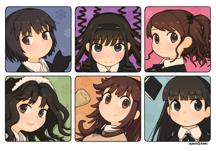 6+girls :/ absurdres amagami ayatsuji_tsukasa black_eyes black_hair blunt_bangs blush book brown_eyes brown_hair cat close-up collared_shirt expressionless grin highres long_hair looking_at_viewer maid_headdress medium_hair messy_hair morishima_haruka multiple_girls nakata_sae nanasaki_ai rabiyamarabi ringlets sakurai_rihoko shirt short_hair smile snowflake_print tanamachi_kaoru teeth twintails white_shirt