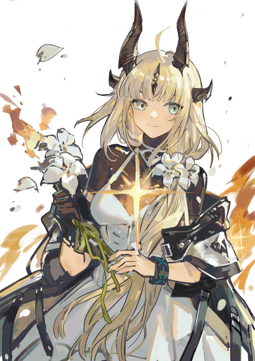 1girl absurdres ahoge arknights black_gloves black_jacket black_shirt blonde_hair blue_eyes breasts closed_mouth commentary cowboy_shot dragon_girl dragon_horns dress flower gloves hair_over_shoulder highres holding holding_flower horns infection_monitor_(arknights) jacket light_in_heart light_smile long_hair looking_at_viewer medium_breasts mento off_shoulder open_clothes open_jacket petals reed_(arknights) reed_the_flame_shadow_(arknights) shirt shirt_under_dress simple_background single_glove sleeveless sleeveless_dress slit_pupils solo standing white_background white_dress white_flower