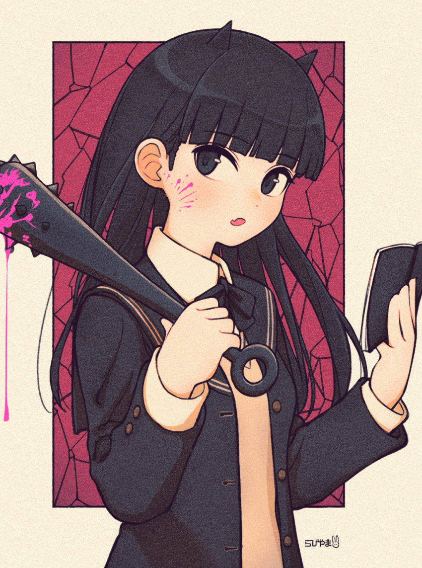 1girl amagami ayatsuji_tsukasa black_bow black_bowtie black_eyes black_hair black_jacket blazer blood blood_on_face blood_on_weapon blush book bow bowtie collared_shirt commentary fang highres holding holding_book holding_mace jacket kibito_high_school_uniform long_hair mace open_mouth pink_blood rabiyamarabi school_uniform shirt skin_fang solo spiked_mace spikes symbol-only_commentary upper_body weapon