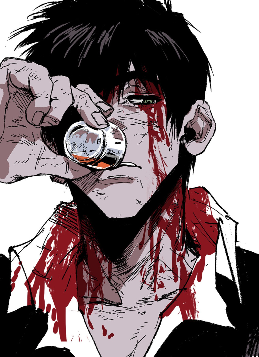 1boy black_hair black_jacket blood blood_on_clothes blood_on_face collared_shirt cup drinking drinking_glass green_eyes hand_up highres holding holding_cup jacket looking_away male_focus my_nameisyoon nicholas_d._wolfwood shirt short_hair shot_glass simple_background solo trigun upper_body white_background white_shirt