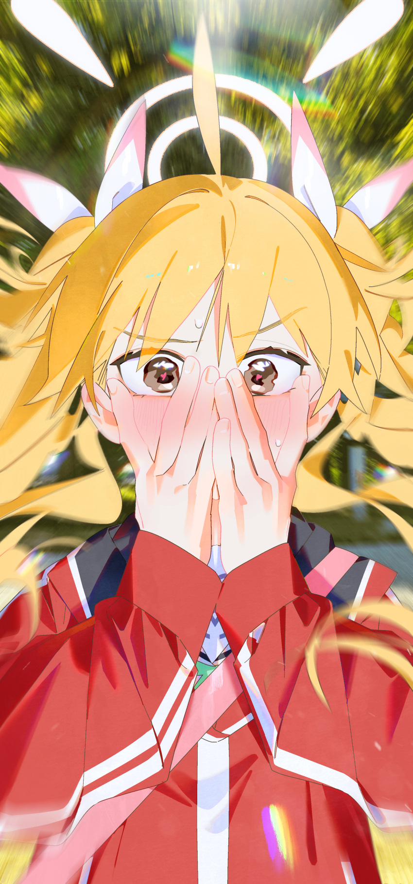 1girl absurdres ahoge bag blonde_hair blue_archive blush bm_tol covering_mouth halo hand_blush highres jacket light_particles looking_at_viewer shoulder_bag solo sweatdrop track_jacket twintails upper_body yoshimi_(blue_archive)