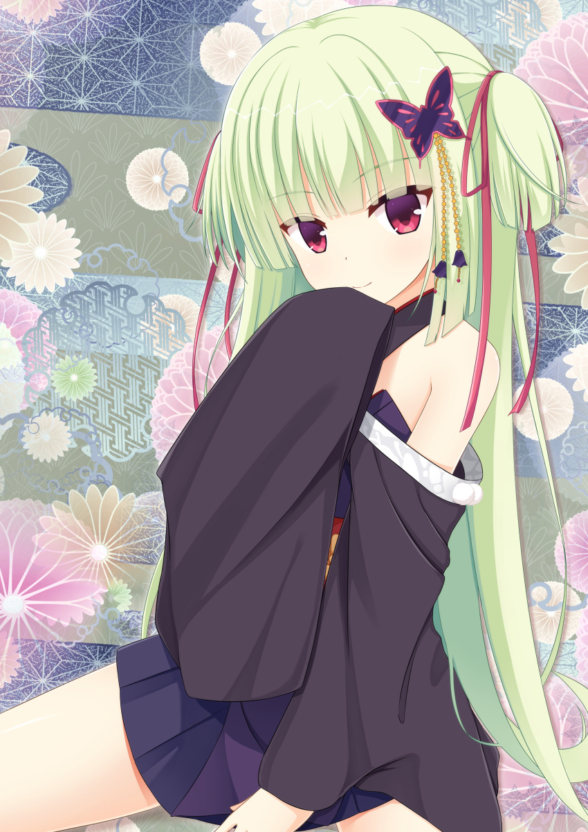 1girl 7fuji_06 absurdres bare_shoulders bell black_kimono blunt_bangs blunt_ends butterfly_hair_ornament closed_mouth commentary cowboy_shot detached_sleeves eyes_visible_through_hair flat_chest floral_background green_hair hair_bell hair_ornament hair_ribbon half_updo hand_to_own_mouth hand_up highres hime_cut japanese_clothes kimono light_blush long_hair looking_at_viewer murasame_(senren) pom_pom_(clothes) red_eyes red_ribbon ribbon senren_banka short_kimono sidelocks sitting sleeves_past_wrists smile solo straight_hair two_side_up very_long_hair wide_sleeves