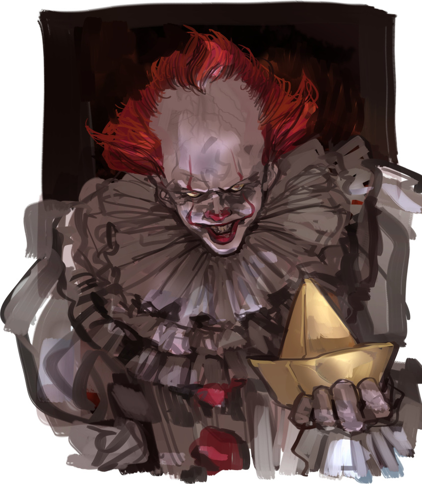 1boy absurdres clown colored_skin evil_grin evil_smile grin highres horror_(theme) juliet_sleeves long_sleeves looking_at_viewer male_focus paper_boat pennywise puffy_sleeves red_nose redhead smile white_background white_skin yellow_eyes