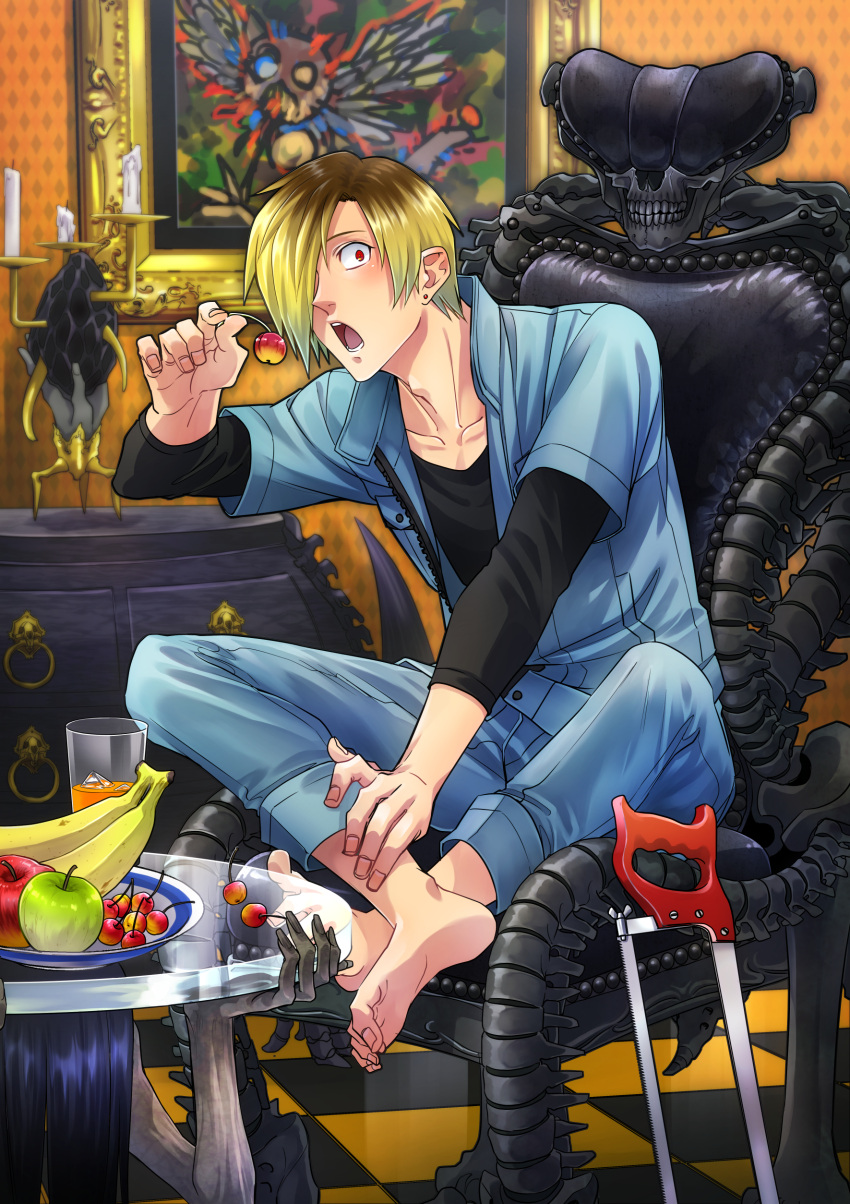 1boy absurdres apple banana barefoot black_shirt blonde_hair blue_jumpsuit cabinet candle candlestand chair checkered_floor cherry collarbone earrings eating fingernails food fruit glass_table green_apple highres holding holding_food holding_fruit jewelry jumpsuit male_focus open_mouth orange_juice original red_apple red_eyes saw shirt short_hair sitting solo table tanotsuku_daisuke teeth wallpaper_(object)