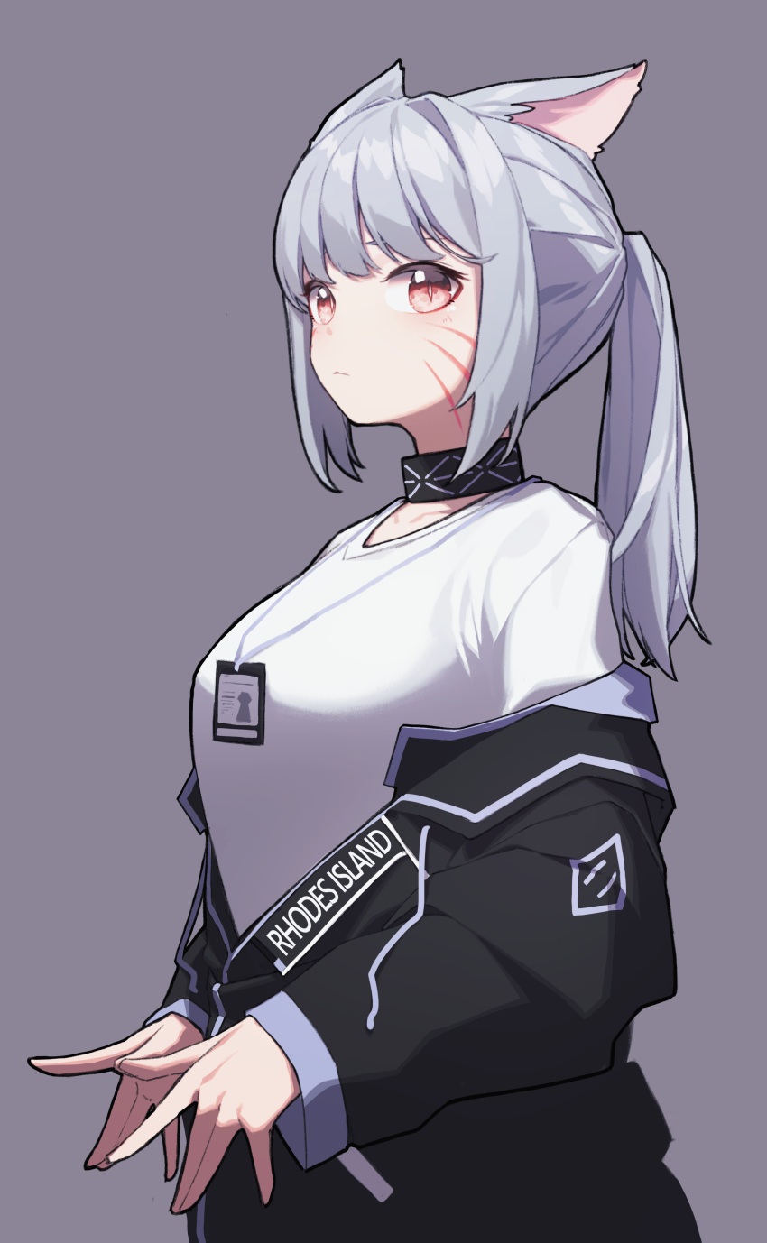 1girl absurdres animal_ears beudelb black_jacket breasts cat_ears cat_girl collar commission facial_mark grey_background grey_hair highres id_card infection_monitor_(arknights) jacket large_breasts long_hair long_sleeves looking_at_viewer open_clothes open_jacket original pixiv_commission ponytail red_eyes simple_background solo upper_body whisker_markings