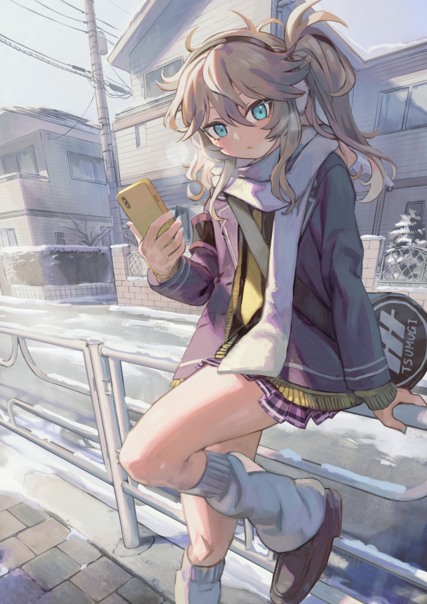 1girl absurdres bag blue_eyes blue_nails brown_hair cardigan commentary_request duffel_bag earmuffs hair_between_eyes hand_on_railing highres holding holding_phone house jacket kasukabe_tsumugi kyo_mizusawa leg_up long_hair looking_at_viewer loose_socks miniskirt nail_polish necktie one_side_up outdoors parted_lips phone plaid plaid_skirt pleated_skirt power_lines railing scarf sidelocks sitting_on_railing skirt socks solo voicevox winter