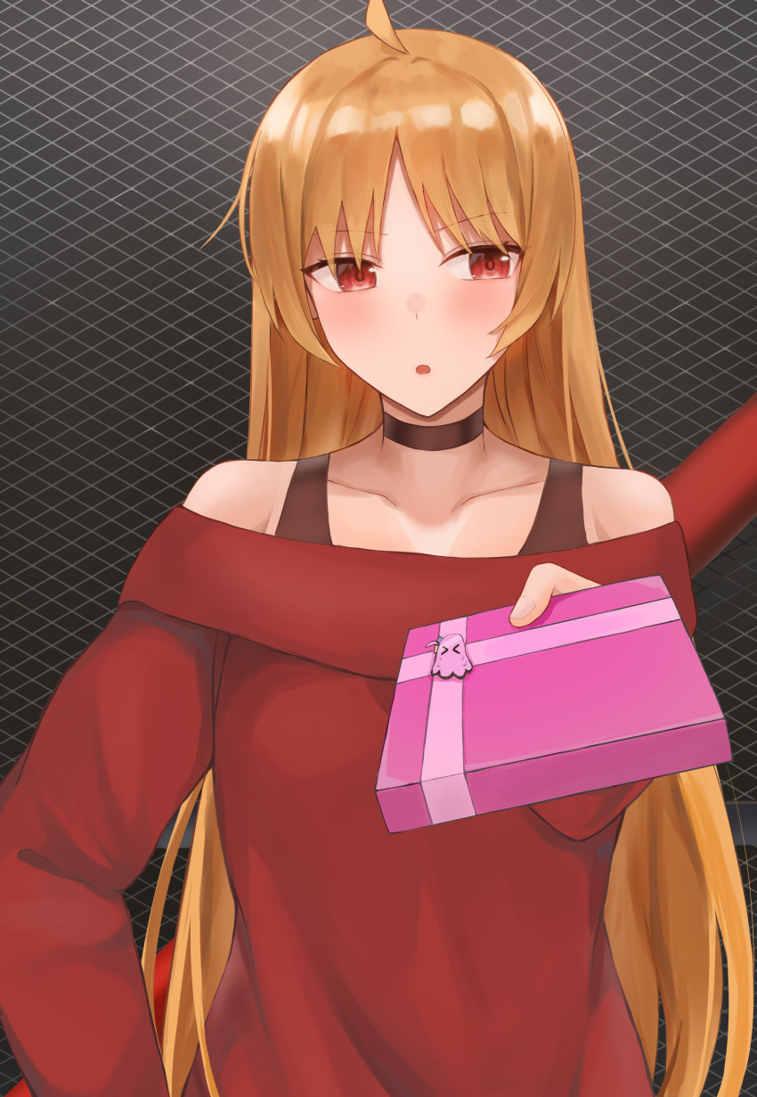 1girl absurdres ahoge bare_shoulders black_choker blonde_hair bocchi_the_rock! box choker collarbone gift gift_box gotou_hitori_(octopus) highres holding holding_gift ijichi_seika incoming_gift long_hair long_sleeves off-shoulder_sweater off_shoulder onemuikun-b open_mouth red_eyes red_sweater solo sweater upper_body valentine
