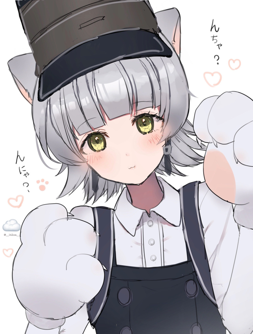 1girl absurdres animal_ears animal_hands arare_(kancolle) arare_kai_ni_(kancolle) blunt_bangs cat_ears collared_shirt dress dress_shirt gloves grey_hair highres kantai_collection looking_at_viewer one-hour_drawing_challenge paw_gloves pinafore_dress qqqmei shirt sleeveless sleeveless_dress solo upper_body white_shirt yellow_eyes