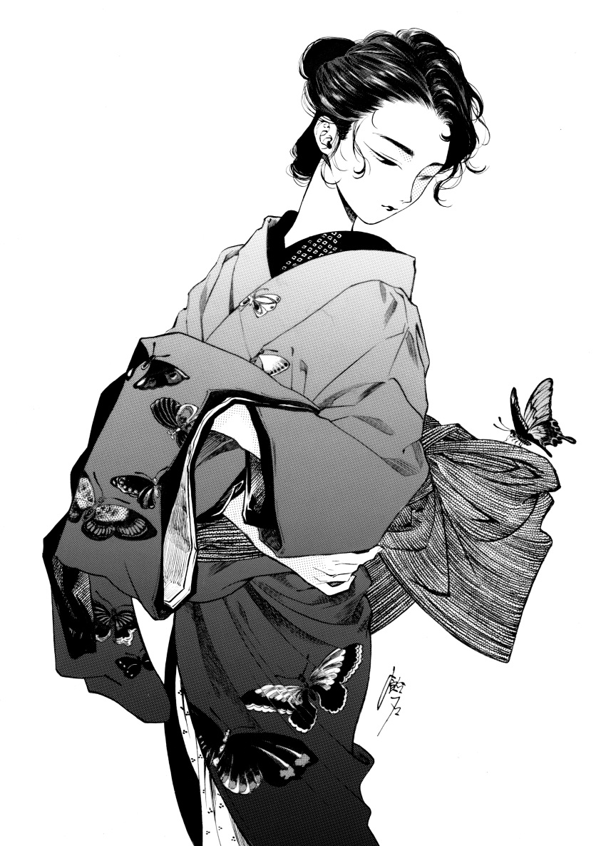 1girl absurdres ameishi animal_print ballpoint_pen_(medium) bug butterfly butterfly_print cowboy_shot forehead greyscale half-closed_eyes halftone highres japanese_clothes kimono long_sleeves looking_down medium_hair monochrome original signature simple_background traditional_media updo white_background wide_sleeves