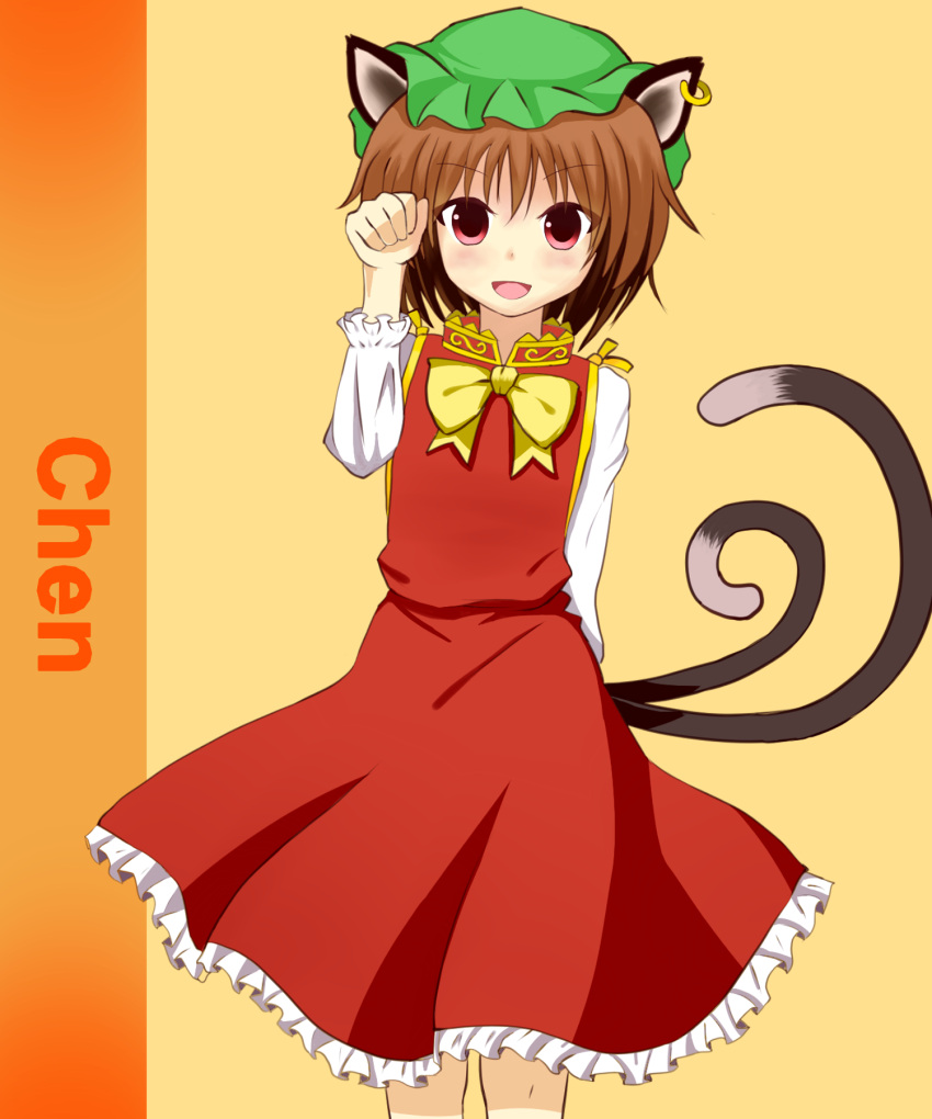 1girl :d animal_ears arm_behind_back blush bow bowtie brown_background brown_hair cat_ears cat_tail character_name chen commentary_request earrings feet_out_of_frame flat_chest frills gold_trim hand_up hat highres jewelry long_sleeves looking_at_viewer mob_cap multiple_tails nekomata open_mouth paw_pose petite petticoat pink_eyes short_hair simple_background single_earring smile solo standing suigetsu_(watermoon-910) tail touhou two_tails yellow_bow yellow_bowtie