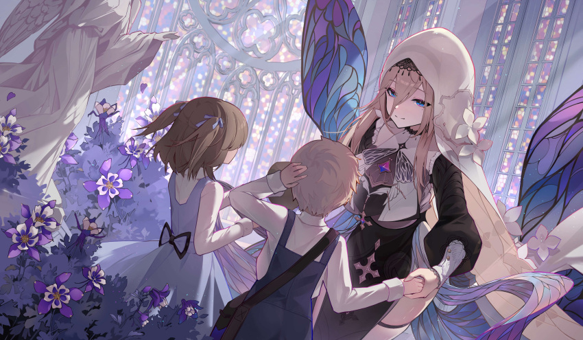 1boy 2girls absurdres ai_dongdong aponia_(honkai_impact) birthday black_dress black_sleeves blue_eyes breasts brown_hair butterfly_wings child closed_mouth dress english_commentary female_child flower garden hair_between_eyes hand_on_own_head height_difference highres holding_hands honkai_(series) honkai_impact_3rd indoors large_breasts light_brown_hair long_bangs looking_at_another male_child mole mole_under_eye multiple_girls nun purple_dress purple_flower short_hair sleeveless sleeveless_dress smile statue veil white_sleeves white_veil wings